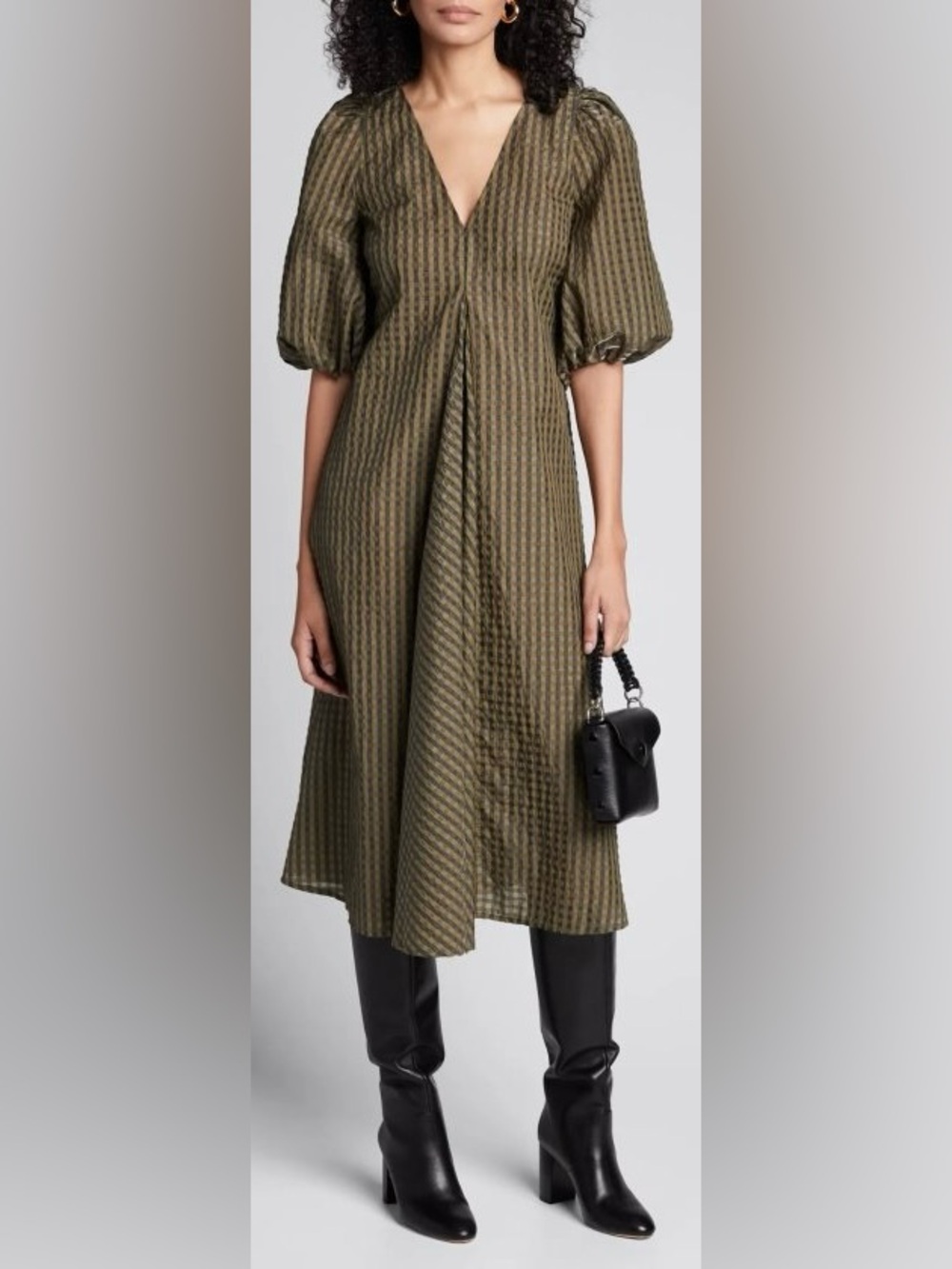 GANNI Seersucker Check Olive Puff-Sleeve V-Neck Midi Dress | Size 6